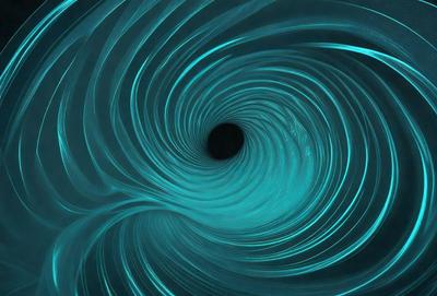 The primary subject of the image is a large, dark, and swirling hole in the center of a blue, spiral-like structure. The setting appears to be a futuristic or surreal environment, with the hole seemingly sucking in the surrounding blue space. The visual style of the image is a combination of digital art and illustration, creating a striking and unique visual effect. The dominant colors in the image are blue and black, giving the scene a moody and mysterious atmosphere.