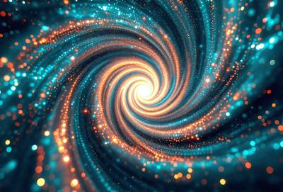 The primary subject of the image is a spiral, which is the main object, scene, or focus of the image. The spiral is set against a blue background, giving it a vibrant and lively appearance. The visual style of the image is digital art, as it is a computer-generated representation of the spiral. The dominant colors in the image are blue and orange, creating a dynamic and energetic atmosphere.