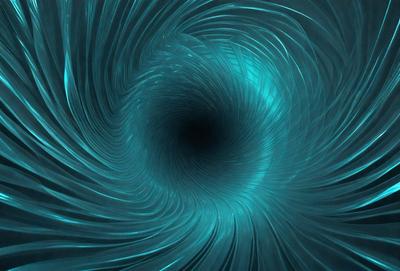 The primary subject of the image is a large, blue, spiral-like structure that appears to be a tunnel or a hole in the ground. The setting is a dark, underground environment, and the visual style is a combination of a photo and digital art. The dominant colors are blue and black, creating a mysterious and intriguing atmosphere.