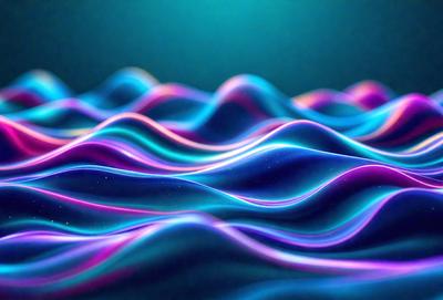 The primary subject of the image is a colorful, abstract wave pattern. The setting is a blue background, which creates a contrasting and visually appealing environment. The visual style is a combination of digital art and illustration, giving the image a unique and creative appearance. The dominant colors are blue, purple, and pink, which contribute to a calming and vibrant atmosphere.