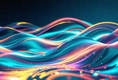 The primary subject of the image is a colorful, swirling, and flowing pattern, which appears to be a digital art or illustration. The setting is a dark blue background, which contrasts with the vibrant colors of the swirling pattern. The visual style suggests that the image is a creative and artistic representation of a flowing water or a dynamic, abstract design. The dominant colors are blue, orange, and yellow, creating a lively and energetic atmosphere.