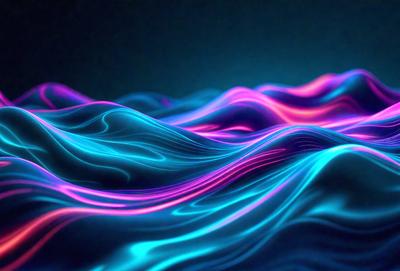 The primary subject of the image is a blue and purple ocean wave. The setting is a dark blue background, which creates a contrasting and visually striking scene. The visual style is a digital art or illustration, as the wave appears to be a digital creation. The dominant colors are blue and purple, giving the image a calming and serene atmosphere.