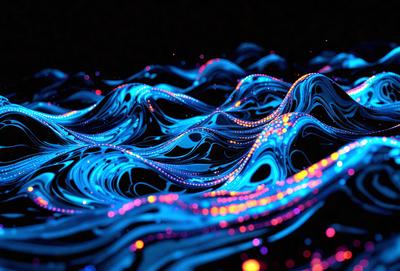 The primary subject of the image is a blue and yellow wave, which appears to be a digital art or illustration. The setting is a dark background, which contrasts with the vibrant colors of the wave. The visual style suggests that the image is a creative and artistic representation of a wave, rather than a photo or a real-life scene. The dominant colors of the image are blue and yellow, creating a lively and energetic atmosphere.