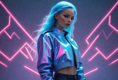 The primary subject of the image is a woman wearing a blue jacket and blue hair. She is standing in front of a pink background, which adds a vibrant and lively atmosphere to the scene. The visual style of the image is a combination of photo and digital art, creating a unique and eye-catching appearance. The woman's blue hair and the pink background together create a striking contrast, making the image visually appealing and memorable.