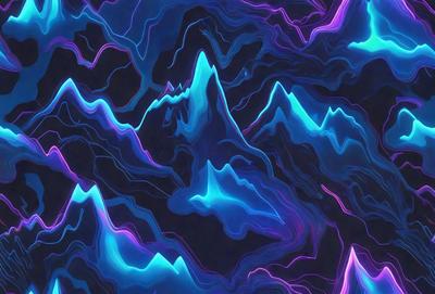 The primary subject of the image is a mountainous landscape, featuring a large mountain with a peak. The setting is a purple and blue mountain range, with a dark background. The visual style is a digital art or illustration, creating a vibrant and colorful atmosphere. The dominant colors are purple and blue, giving the scene a unique and captivating appearance.