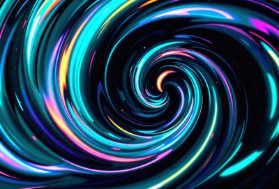 The primary subject of the image is a spiral pattern, which is a digital art or illustration. The spiral pattern is set against a black background, creating a striking contrast. The colors in the spiral pattern are predominantly blue, which gives the image a calming and serene atmosphere.