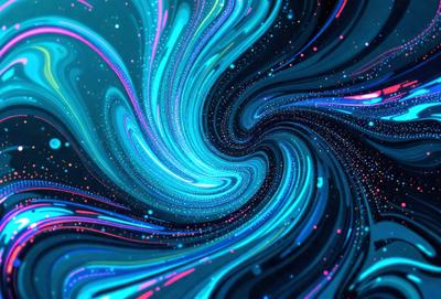 The primary subject of the image is a swirling, colorful spiral that appears to be a digital art or illustration. The spiral is set against a black background, which adds to the dramatic and visually striking nature of the scene. The colors in the spiral are predominantly blue and pink, creating a vibrant and lively atmosphere. The overall visual style of the image is artistic and creative, showcasing the artist's skill in crafting a captivating and eye-catch