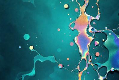 The primary subject of the image is a blue background with a variety of colorful bubbles floating on it. The setting appears to be a swimming pool or a similar environment with water. The visual style of the image is a combination of a photo and digital art, creating a unique and vibrant appearance. The dominant colors in the image are blue and various shades of pink, yellow, and green, giving the scene a lively and cheerful atmosphere.