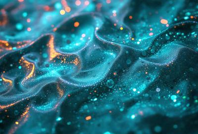 The primary subject of the image is a blue, swirling, and sparkling substance, which appears to be a digital art or illustration. The setting is a dark background, and the visual style is a combination of digital art and illustration. The dominant colors are blue and orange, creating a vibrant and lively atmosphere.
