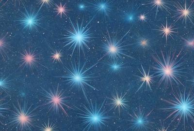 The primary subject of the image is a blue starry background with a pattern of bright, colorful stars. The setting is a night sky, and the visual style is a digital art or illustration. The colors and mood of the image are vibrant and lively, with the blue background and the bright stars creating a sense of wonder and exploration.
