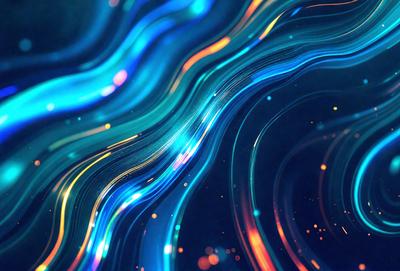 The primary subject of the image is a blue and orange swirling pattern, which appears to be a digital art or illustration. The setting is a dark blue background, and the visual style is a combination of digital art and illustration. The dominant colors are blue and orange, creating a vibrant and energetic atmosphere.