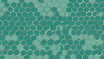 The primary subject of the image is a close-up of a green and blue hexagonal tile. The setting is a wall with a pattern of hexagonal tiles. The visual style is a close-up of the tile, showcasing its intricate design. The colors and mood of the image are predominantly green and blue, creating a calm and soothing atmosphere.