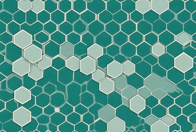 The primary subject of the image is a blue and white tile wall with a pattern of hexagons. The setting is a bathroom, and the visual style is a close-up of the tile wall. The dominant colors are blue and white, creating a clean and calming atmosphere.