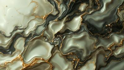 The primary subject of the image is a marble-like surface with a gold and black color scheme. The setting is a close-up of the marble, showcasing its intricate patterns and textures. The visual style is a combination of a photo and digital art, creating a unique and eye-catching design. The colors and mood of the image are warm and luxurious, evoking a sense of sophistication and elegance.