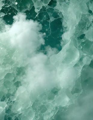 The primary subject of the image is a cloudy blue ocean with a white and greenish tint. The setting is the ocean, and the visual style is a photo. The dominant colors are blue, white, and greenish, creating a serene and calming atmosphere.