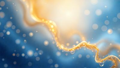 The primary subject of the image is a yellow liquid, possibly a sauce or a beverage, with a golden hue. The setting is a blue background, which creates a striking contrast with the yellow liquid. The visual style appears to be a digital art or illustration, as the yellow liquid is depicted in a detailed and artistic manner. The colors and mood of the image are vibrant and lively, with the yellow liquid standing out against the blue background.