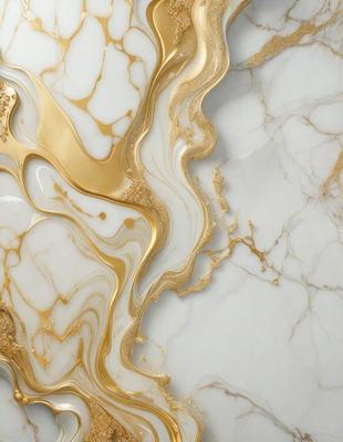 The primary subject of the image is a marble table with a gold-colored design on it. The table is set against a white marble background, which adds to the elegance of the scene. The visual style of the image is a combination of photo and digital art, creating a unique and eye-catching design. The colors and mood of the image are predominantly gold and white, giving it a luxurious and sophisticated appearance.