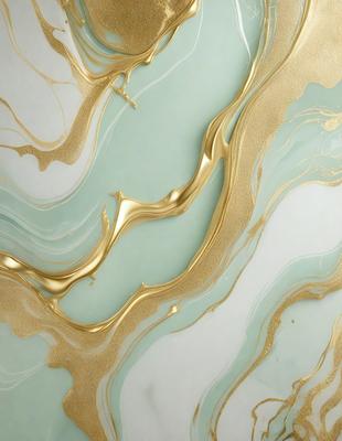 The primary subject of the image is a gold-colored, swirling pattern on a white background. The setting appears to be a wall or a countertop, with the gold pattern covering a significant portion of the surface. The visual style of the image is a combination of digital art and illustration, creating a unique and eye-catching design. The dominant colors in the image are gold and white, giving it a warm and elegant appearance.