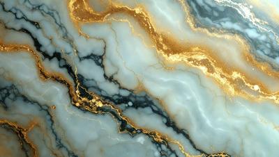 The primary subject of the image is a marble countertop with a gold and blue pattern. The setting is a kitchen, and the visual style is a photo. The dominant colors are gold and blue, creating a luxurious and elegant atmosphere.