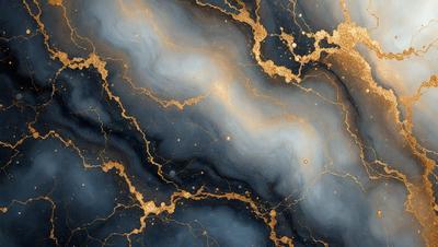 The primary subject of the image is a blue and gold marbled surface, which appears to be a painting or a digital artwork. The setting is a dark background, which contrasts with the vibrant colors of the marbled surface. The visual style is a combination of painting and digital art, creating a unique and intricate design. The colors and mood of the image are rich and luxurious, with the gold and blue hues evoking a sense of sophistication and elegance.