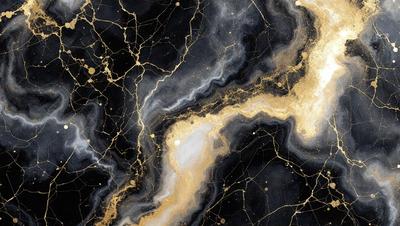 The primary subject of the image is a black and gold painting of a galaxy. The setting is a black background, and the visual style appears to be a digital art or illustration. The dominant colors are black and gold, creating a dramatic and captivating atmosphere.