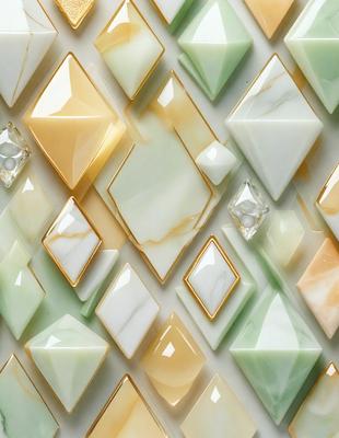 The primary subject of the image is a wall with a pattern of white and green tiles. The setting is a room with a white background. The visual style is a combination of photo and digital art, creating a unique and intricate design. The dominant colors are white and green, giving the wall a clean and fresh appearance.