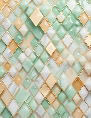 The primary subject of the image is a mosaic tile wall with a green and yellow color scheme. The setting is a room with a tiled wall, and the visual style is a combination of photo and digital art. The dominant colors are green and yellow, creating a warm and inviting atmosphere.