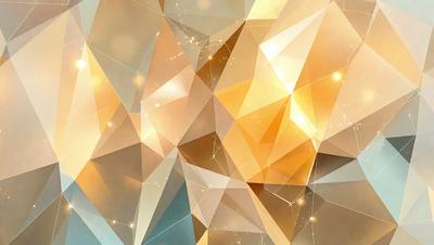 The primary subject of the image is a geometric pattern made up of triangles and squares. The setting is a blue background, and the visual style is a digital art or illustration. The dominant colors are gold and blue, creating a warm and calming atmosphere.