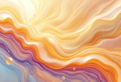 The primary subject of the image is a colorful, abstract painting featuring a mix of yellow, orange, and purple hues. The setting is a wall, and the visual style appears to be a combination of digital art and illustration. The painting creates a vibrant and lively atmosphere, with the colors and patterns creating a sense of depth and movement.