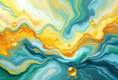 The primary subject of the image is a colorful, abstract painting featuring a mix of yellow, blue, and green hues. The setting is a vibrant, swirling background that complements the painting's colors. The visual style is a combination of digital art and illustration, creating a dynamic and artistic representation. The colors and mood of the painting evoke a sense of energy and creativity, making it an eye-catching and engaging piece of art.