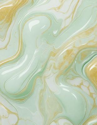 The primary subject of the image is a close-up of a green and gold marbled wallpaper. The setting is a room with a marbled wall, and the visual style is a patterned wallpaper. The dominant colors are green and gold, creating a warm and inviting atmosphere.