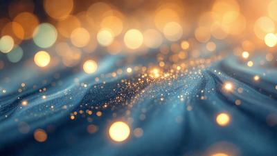 The primary subject of the image is a blue cloth with a pattern of bright lights, giving it a shiny and reflective appearance. The setting is a dark background, which contrasts with the bright lights on the cloth. The visual style is a close-up of the cloth, showcasing the intricate pattern of the lights. The colors and mood of the image are predominantly blue and bright, creating a sense of depth and visual interest.