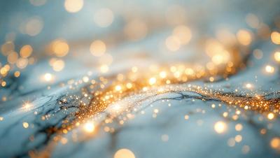 The primary subject of the image is a close-up of a sparkling, glowing surface, possibly a piece of art or a textured surface. The setting is a white background, which contrasts with the bright, shining surface. The visual style appears to be a combination of a photo and digital art, as the glowing surface seems to be digitally manipulated. The colors and mood of the image are predominantly bright and luminous, creating a sense of energy and excitement.