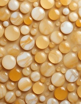 The primary subject of the image is a pattern of marble-like shapes, which are arranged in a visually appealing manner. The setting is a marble-like surface, which adds to the overall visual style of the image. The colors and mood of the image are predominantly yellow and orange, creating a warm and inviting atmosphere.