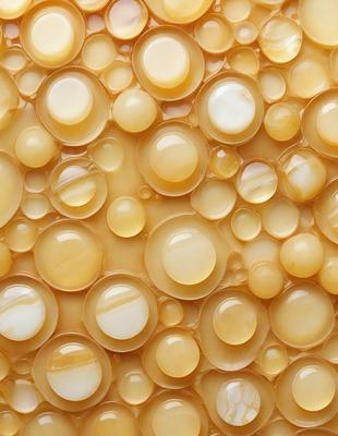 The primary subject of the image is a close-up of a yellow surface with numerous small bubbles on it. The setting appears to be a patterned surface, possibly a wall or a piece of art. The visual style of the image is a close-up, which emphasizes the details of the bubbles. The colors in the image are predominantly yellow, giving it a warm and inviting atmosphere.