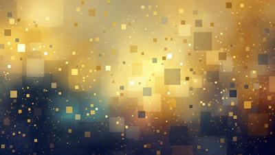 The primary subject of the image is a brightly colored, abstract pattern of squares and dots. The setting is a dark background, which contrasts with the vibrant colors of the pattern. The visual style is a combination of digital art and illustration, creating a unique and eye-catching design. The dominant colors are yellow, orange, and blue, giving the image a warm and lively atmosphere.