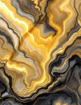 The primary subject of the image is a close-up of a marble countertop with a yellow and black pattern. The setting is a kitchen, and the visual style is a photo. The dominant colors are yellow and black, creating a warm and vibrant atmosphere.