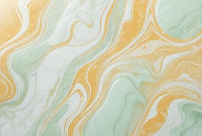 The primary subject of the image is a marble-like pattern with a mix of green, yellow, and orange colors. The setting is a wall with a patterned surface, which adds to the visual style. The colors and mood of the image are vibrant and lively, creating a sense of energy and movement.
