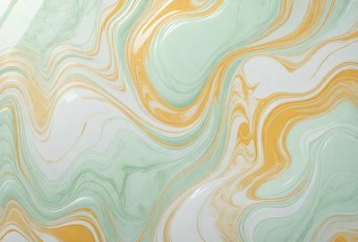The primary subject of the image is a patterned wallpaper with a green and yellow color scheme. The setting is a room with a white background, and the visual style appears to be a combination of a photo and digital art. The colors and mood of the image are vibrant and lively, creating a cheerful atmosphere.