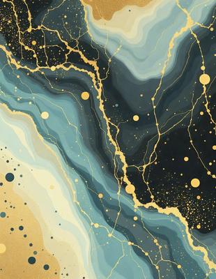 The primary subject of the image is a painting featuring a blue and gold color scheme. The setting is a black background, which contrasts with the vibrant colors of the painting. The visual style is a combination of digital art and illustration, creating a unique and eye-catching piece of art. The dominant colors are blue and gold, giving the painting a warm and inviting atmosphere.