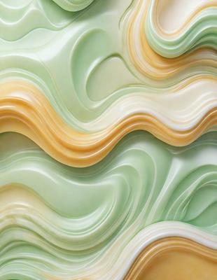 The primary subject of the image is a large, colorful, and intricate wallpaper design. The setting is a wall, and the visual style is a combination of photo and digital art. The colors and mood of the image are vibrant and lively, with a mix of green, yellow, and orange hues. The design features a pattern of waves, giving the wallpaper a unique and eye-catching appearance.