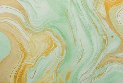 The primary subject of the image is a painting of a green and yellow swirl pattern. The setting is a wall, and the visual style appears to be a digital art or illustration. The dominant colors in the painting are green and yellow, creating a vibrant and lively atmosphere.