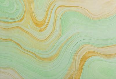 The primary subject of the image is a green and yellow swirling pattern, which appears to be a painting or drawing. The setting is a wall, and the visual style is a combination of digital art and illustration. The dominant colors are green and yellow, creating a vibrant and lively atmosphere.