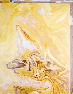 The primary subject of the image is a yellow and brown painting on a wall. The painting features a yellow and brown color scheme, giving it a warm and vibrant appearance. The setting is indoors, with the painting displayed on a wall. The visual style of the image is a painting, showcasing the artist's skill in creating a visually appealing piece of art. The colors and mood of the painting evoke a sense of warmth and energy, making it an eye-catching and engaging piece of
