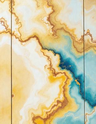 The primary subject of the image is a large, colorful painting featuring a marbled design. The painting is displayed on a wall, which serves as the setting. The visual style of the image is a combination of photo and digital art, creating a unique and vibrant atmosphere. The dominant colors in the painting are yellow, blue, and orange, which contribute to the overall mood of the artwork.