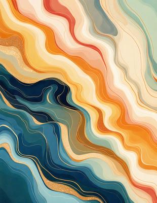 The primary subject of the image is a colorful, abstract painting featuring a mix of blue, orange, and yellow hues. The painting is displayed on a wall, creating a vibrant and lively atmosphere. The visual style of the painting is a combination of digital art and illustration, giving it a unique and artistic appearance. The colors and mood of the painting evoke a sense of energy and creativity, making it an eye-catching and inspiring piece of art.