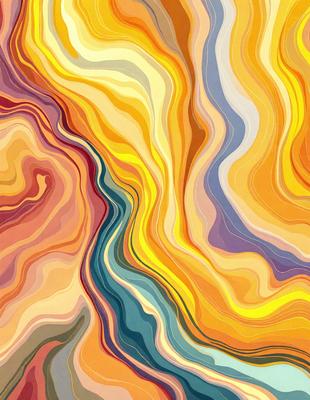 The primary subject of the image is a colorful, abstract painting featuring a mix of blue, yellow, and orange hues. The setting is a canvas, and the visual style is a combination of digital art and illustration. The painting has a vibrant and lively atmosphere, with the colors creating a sense of energy and movement.