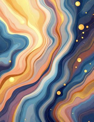 The primary subject of the image is a colorful, abstract painting featuring a swirling pattern of blue, gold, and orange hues. The setting is a wall, and the visual style is a combination of digital art and illustration. The dominant colors and overall atmosphere of the painting are vibrant, lively, and energetic.