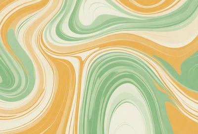 The primary subject of the image is a colorful, swirling pattern that resembles a painting or a digital artwork. The setting is a wall, and the visual style appears to be a combination of photo and digital art. The dominant colors in the image are green, yellow, and orange, creating a vibrant and lively atmosphere.