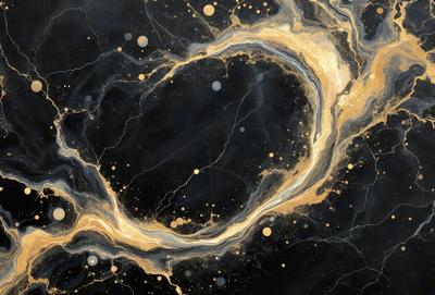 The primary subject of the image is a black and gold painting of a circle. The setting is a black background, and the visual style appears to be a digital art or illustration. The dominant colors are black and gold, creating a rich and luxurious atmosphere.